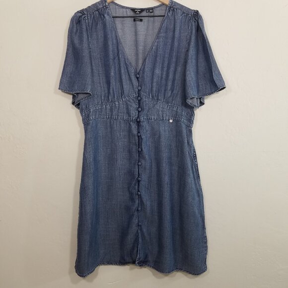 Superdry Curated Chambray V-Neck Dress with Pockets Button Front Blue Size 12 - Picture 1 of 6